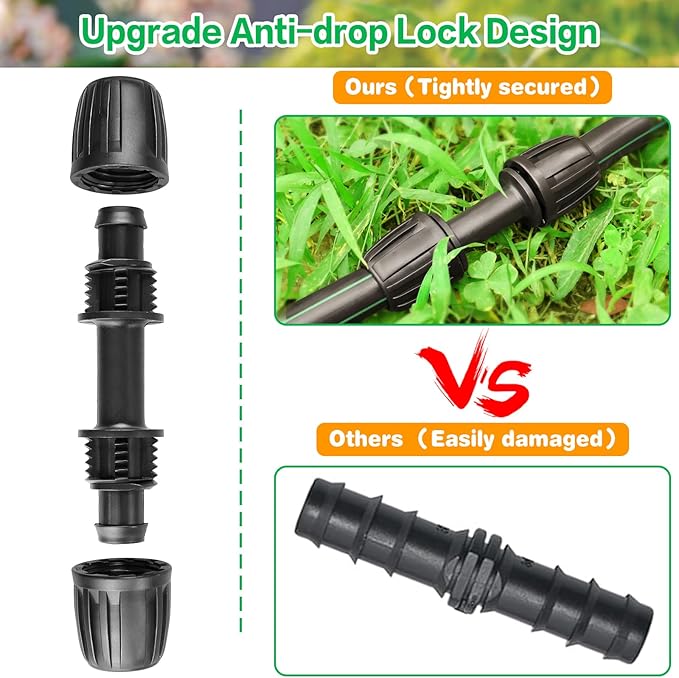 Gardrip Drip Irrigation Fittings Kit for 1/2 Inch Tubing：1/2'' Drip Line Anti-Drop Barbed Locked Nut Connectors 18 Pieces Set Include 4 Couplings 4 Tees 2 Elbows 3 Valves 3 Reducing Tee 2 Plugs