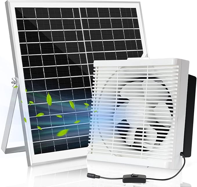 blessny Solar Powered Exhaust Fan, 25W Solar Panel +10" Shutter Ventilation Vent Fan for Outside Greenhouse, Chicken Coop, Shed, Pet House