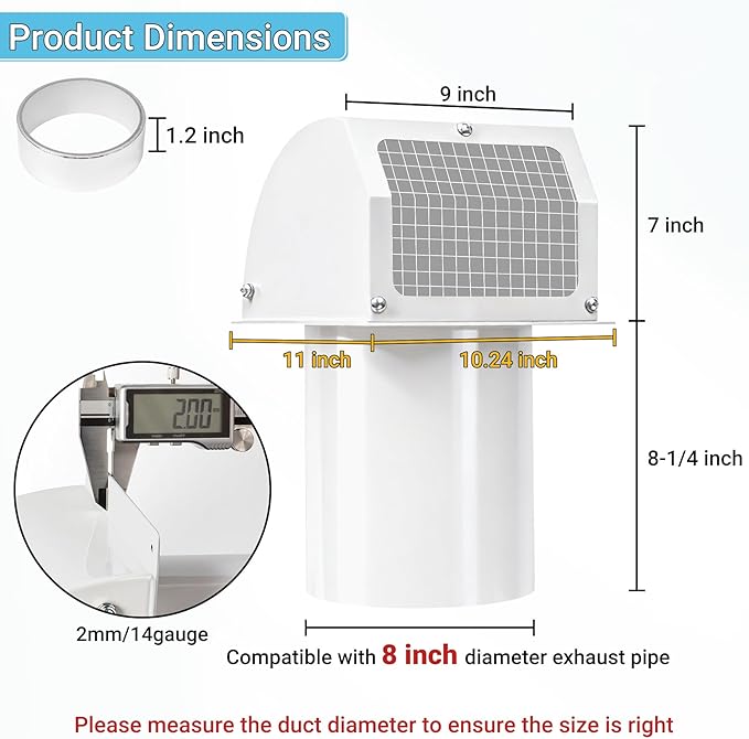 Neoaider 8 Inch Hooded Wall Vent Cover with Screen and Damper, 14GA/2MM Thick Heavy-Duty Steel Vent Covers for Wall, Vent Cover for Dryer Ventilation and Outdoor Air Exhaust, White
