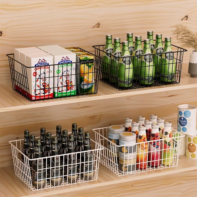 SANNO Large Freezer Baskets Metal Storage Organizer Bin Basket Wire Storage Basket for Kitchen Pantry Bathroom Large Metal Farmhouse Food Fruit Produce Organizer Bins,black,4