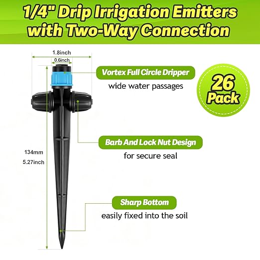 26pcs Two-Way Drip Emitters Fan Shape with Stake for 1/4" Irrigation Tubing, Adjustable 360 Degree Water Flow Irrigation Vortex Sprayer Garden Irrigation Dripper for Watering System