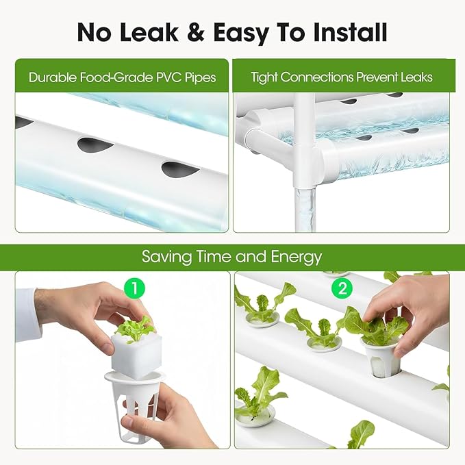 Hydroponics Growing System Kit with Wheels, 108 Plant Sites Gardening Aquaponics Tower, 4-Tier Food-Grade PVC-U Pipes Water Pump Timer for Leafy Vegetables, Indoor, Outdoor (34"x62"x15" in 108 Holes)