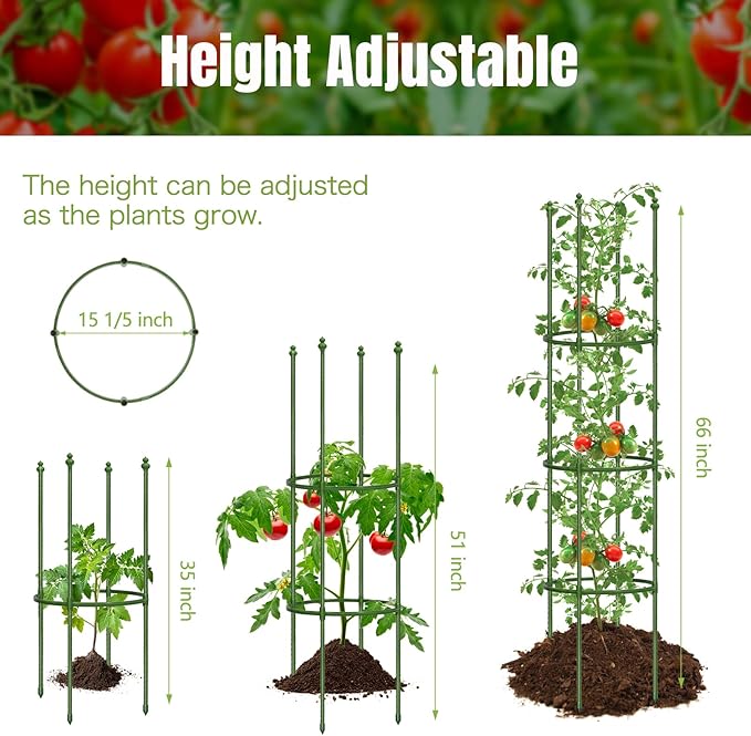 Joyhalo 2 Pack 65 Inch Tomato Cages for Garden, Upgraded Larger Size Heavy Duty Tomato Cage, Height Adjustable Tomatoes Trellis for Climbing Plants Vegetables Flowers Cucumber Peony