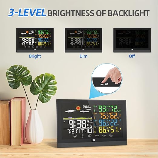 LFF Weather Station, Indoor Outdoor Weather Station Wireless with Multiple Sensors, Color Display Digital Atomic Clock Indoor Outdoor Thermometer Wireless, Forecast Station with Adjustable Backlight