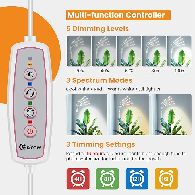 Kullsinss Grow Lights for Indoor Plants, 4-Head Full Specturm Plant Grow Light with 4/8/12/16H Timer, 3 Color Modes, 5 Brightness, 24-68.7in Height Adjustable Floor Growing Lamp for Tall Large Plants