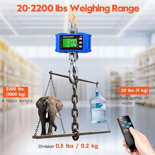 Digital Crane Scale 2200lb/1000Kg with Remote Control, Digital Hanging Scale with LCD Screen, Crane Scale Industrial Heavy Duty with Unit Change, High Precision Crane Scale for Market, Farm, Factory