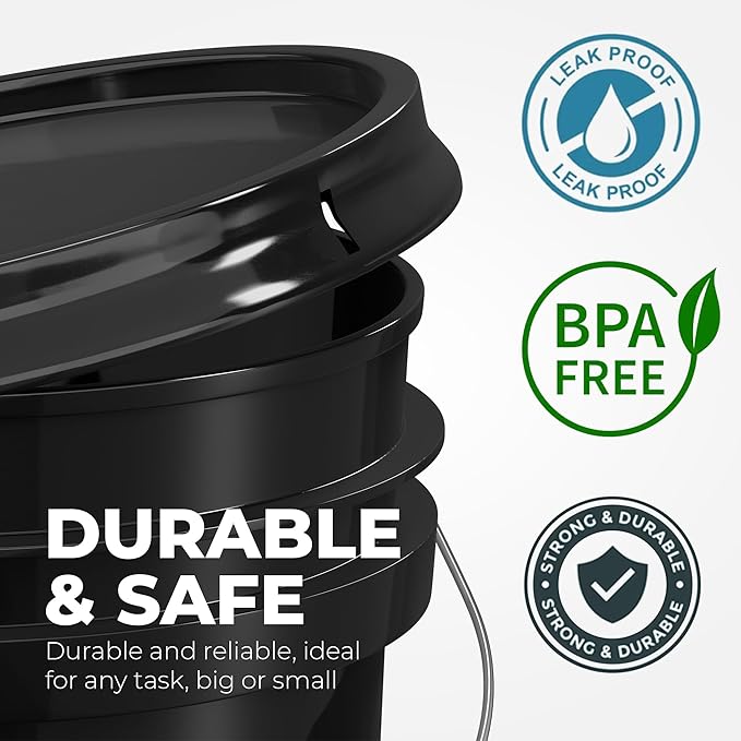 EconoHome 5-Gallon Black Bucket Pail Container with Lid | Metal Handles with Plastic Grip for Easy Carrying | Easy Stack and Store | Heavy-Duty Extra Durable | Food Grade | BPA Free - 3 Pack