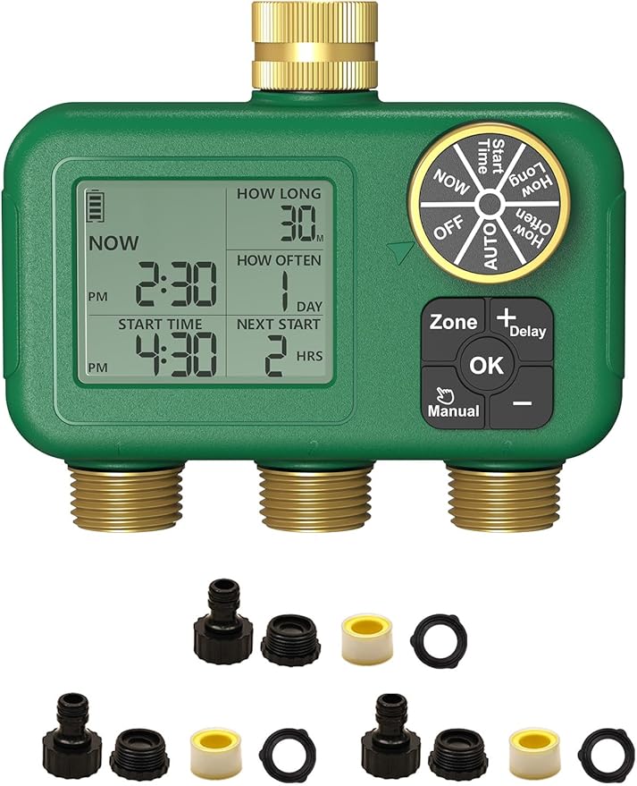 MOES 3 Zone Water Timer for Garden Hose, Heavy Duty Solid Brass Inlet & Outlets, Programmable Sprinkler Timer Battery Operated, 3 Outlet Faucet Valve with Sequential Watering (Non-WiFi)