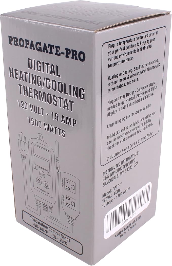 15 Amp Plug in Digital Temperature Controller Outlet by Propagate Pro | Heating/Cooling Thermostat 110V 15A 1500W Programmable Temp Controlled Heater Cooler Reptile Box Fan 120V (PPTC1)