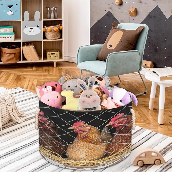 Large Storage Baskets - Rustic Farm Chicken Coop Nursery Round Collapsible Organizer Bin Box, Laundry Hamper for Kids Toys, Blanket, Bedroom Living Room Home Decor, Gift Basket, 19.4"x13.3"