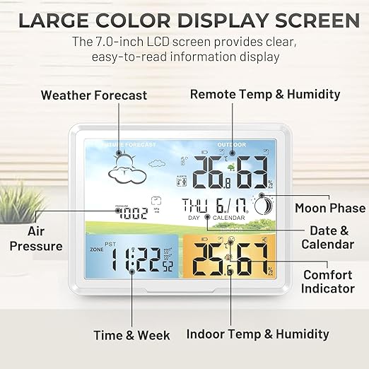 Weather Station Wireless Indoor Outdoor Thermometer, Digital Thermometer with Remote Sensor, Full Color Large Display Weather Station with Atomic Clock, Barometric Pressure, Weather Forecast-White