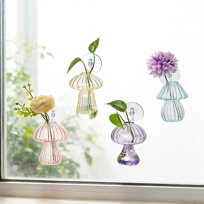 Bunmery Window Propagation Stations, 4 pcs Colored Mushroom Plant Propagation Station with Suction Cups, Easy to Install Window Hanging Planer, Indoor No Nails Glass Vase Terrarium for Plants&Flowers