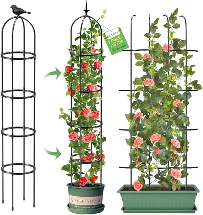 Tower Obelisk Garden Trellis for Climbing Plant，6.3FT/75.6" Rustproof Metal Potted Plant Climbing Support for Indoor Outdoor Flowers Vegetable Fruits Vines Support (1PCS)