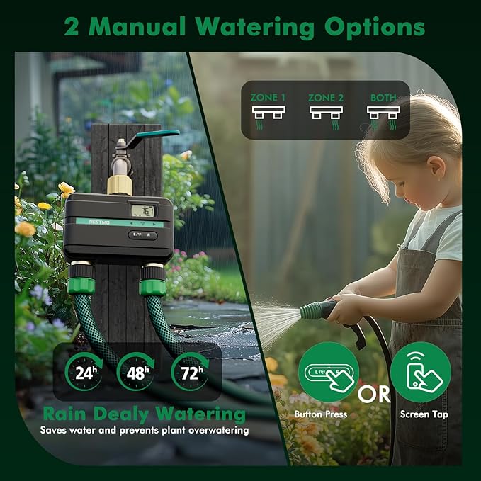 RESTMO 2 Zone Smart Sprinkler Hose Timer with Flow Meter, Brass Water Timer for Garden Hose with APP Remote Control (2.4GHz WiFi Connection), Automatic Drip Irrigation System for Lawn, Yard
