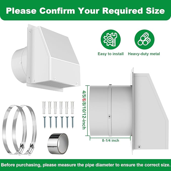 6 Inch Hooded Wall Vent with Damper & Screen, 6 Inch Dryer Vent Cover Outside, Outdoor Exterior Air Vent Cover, External Extractor Wall Vent Hood for House Kitchen Range HVAC Duct Dryer Ventilation