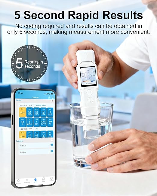 9-in-1 Smart Water Tester with APP Monitoring, Digital Water Test Kit for Turbidity, TDS, EC, Temp, Salt, GH, TOC, COD & UV275, Professional Water Tester for Drinking Water, Well, Tap & Outdoor.