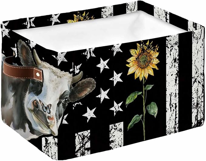 Vintage American Flag Storage Bins Cubes Waterproof Cloth Storage Basket, Farmhouse Cow Sunflowers Foldable Storage Bags for Shelf Closet Clothes Storages Organizers with Handles 15x11x9.5 in 1PCS
