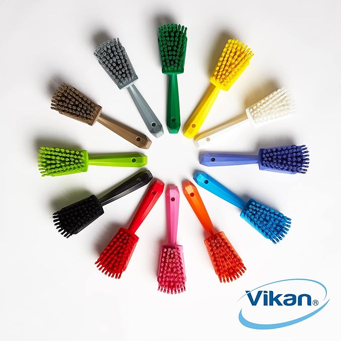 Vikan - 41924 Heavy Duty Sweep Hand Brush, Short-Handled Cleaning Brush and Scrubber, Polypropylene, Polyester Stiff Bristle, 10 Inch, Red