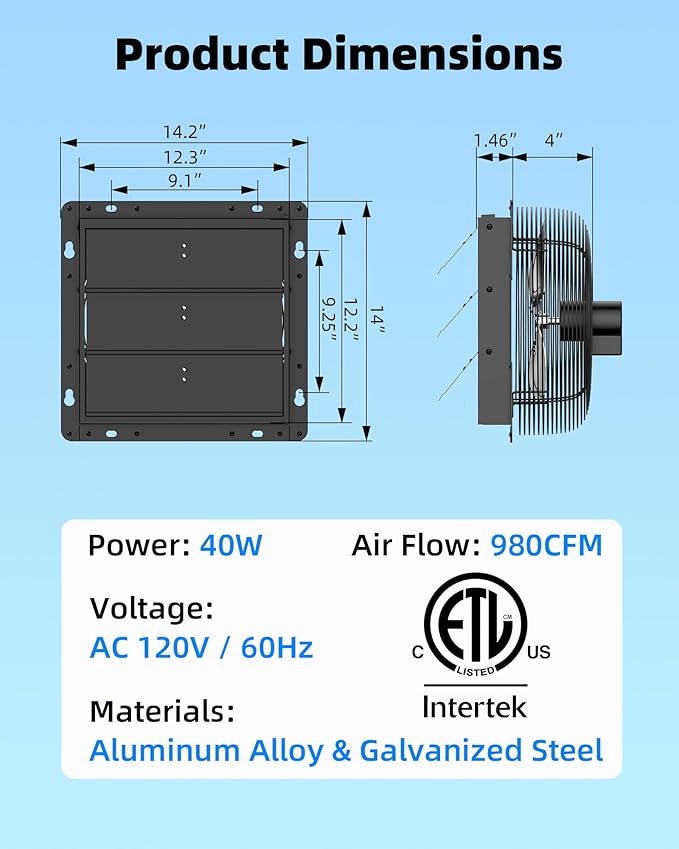 Upgraded 12" Shutter Exhaust Fan with Thermostat & Remote, 980 CFM High-Speed Wall Mounted Attic Vent Fan with Thermostat, Quiet Cooling Ventilation for Garage, Greenhouse, Chicken Coop
