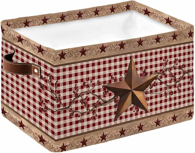 Vintage Texas Star Brown Storage Bins Cubes Waterproof Cloth Storage Basket, Red Plaid Berry Farmhouse Foldable Storage Bags for Shelf Closet Clothes Storages Organizers with Handles 15x11x9.5 in 1PCS