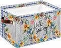 Hello Spring Storage Bins Cubes Waterproof Cloth Storage Basket,Farmhouse Floral Eucalyptus Wood Blue Plaid Foldable Storage Bags for Shelf Clothes Storages Organizers with Handles 15x11x9.5 in 1PCS