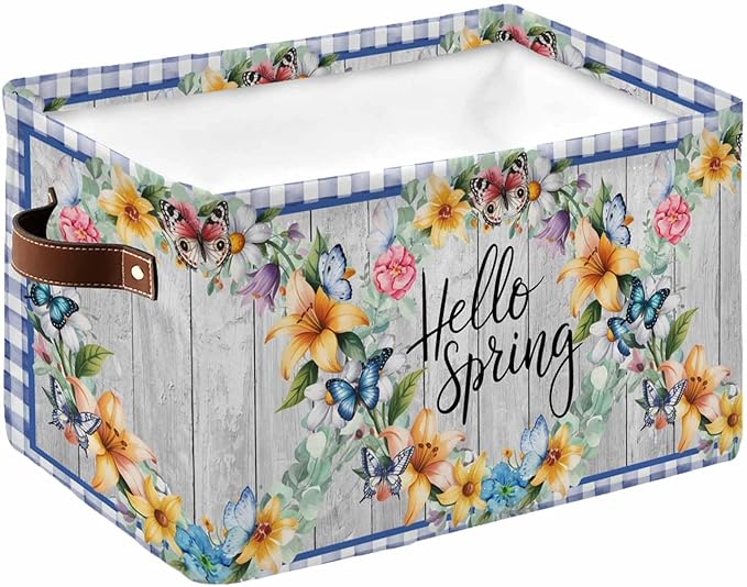 Hello Spring Storage Bins Cubes Waterproof Cloth Storage Basket,Farmhouse Floral Eucalyptus Wood Blue Plaid Foldable Storage Bags for Shelf Clothes Storages Organizers with Handles 15x11x9.5 in 1PCS