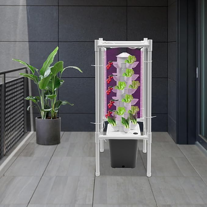 Hydroponic Growing Kit, 6 Layer 30 Planting Point Hydroponic Grow Tower with 4 LED Lamps, Vertical Tower Planter Germination Kit, Hydroponics Growing System for Garden, Office, Balcony (Gray)