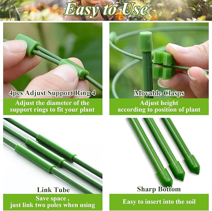 Legigo 6 Pack 24 Inch Plant Support Cages Tomato Cage for Garden- Plant Cages Adjustable Rings, Tomato Plant Support Stakes Trellis for Pots, Peppers, Cucumbers and Flowers with 10 Plant Clips