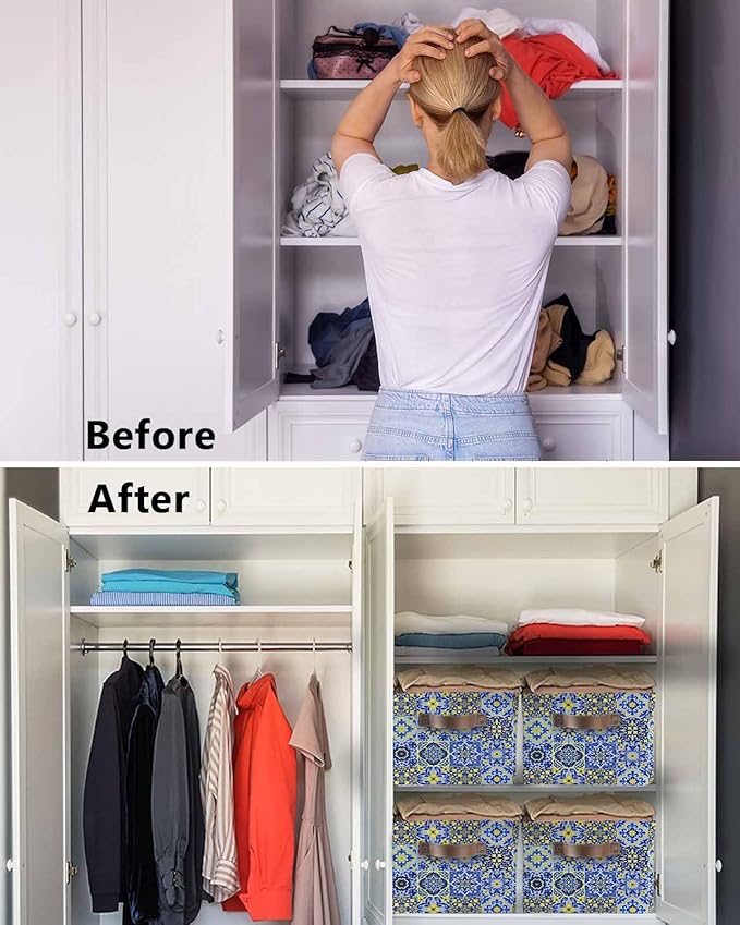 Vintage Boho Storage Bins Cubes Waterproof Cloth Storage Basket,Middle Century Bohemia Style Patchwork Blue Foldable Storage Bags for Shelf Clothes Storages Organizers with Handles 15x11x9.5 in 1PCS