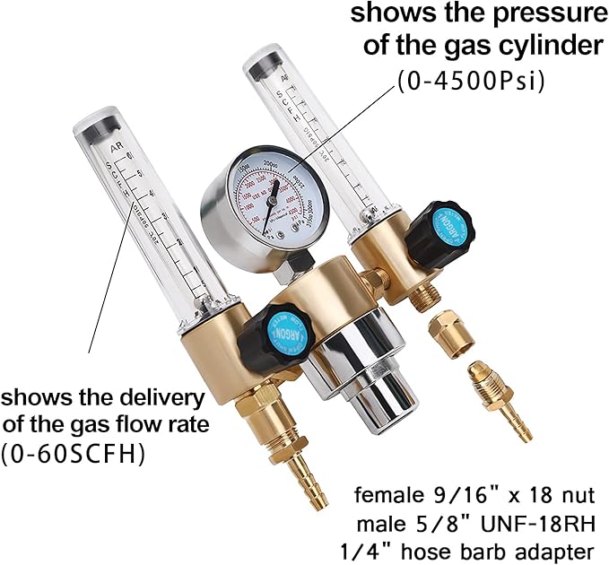 BETOOLL Argon/CO2 MIG TIG Flow Meter Gas Regulator Gauge 0-60 SCFH 0-4500 Psi CGA580 Inlet Connection