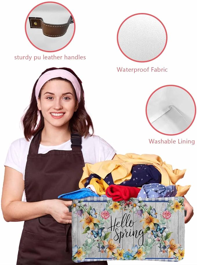 Hello Spring Storage Bins Cubes Waterproof Cloth Storage Basket,Farmhouse Floral Eucalyptus Wood Blue Plaid Foldable Storage Bags for Shelf Clothes Storages Organizers with Handles 15x11x9.5 in 1PCS