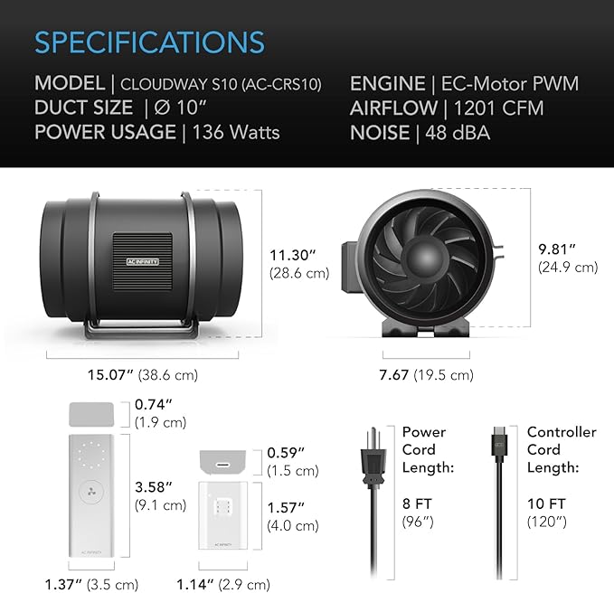 AC Infinity CLOUDWAY Whole House EC Fan S10, 1200 CFM with Remote 10-Speed Wireless Fan Controller, 10” Ceiling Mount House Attic Vent, Exhaust Home Ventilation System