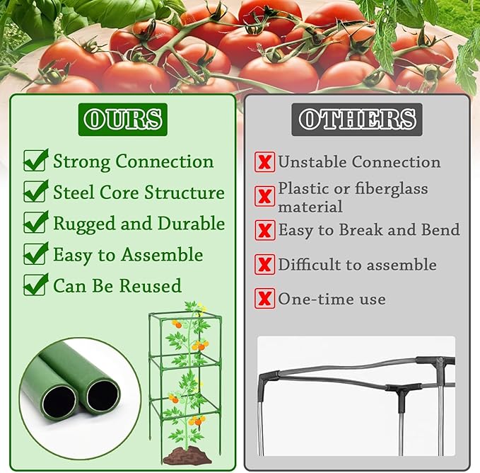ZeeDix 45 Inch Tomato Cages 4 Pack, Heavy Duty Adjustable Metal Garden Plant Supports for Climbing Vegetables - Square Cage for Tomatoes, Cucumbers, Peas, Flowers with 40 Plant Clips
