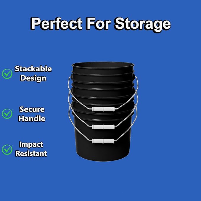 MKS Plastics 2-Gallon Bucket with Airtight Lid – Made in USA, Food Grade BPA Free Plastic, Heavy Duty Multi-Use, Metal Handle with Grip, Stackable Storage – - Black, 1 Pack