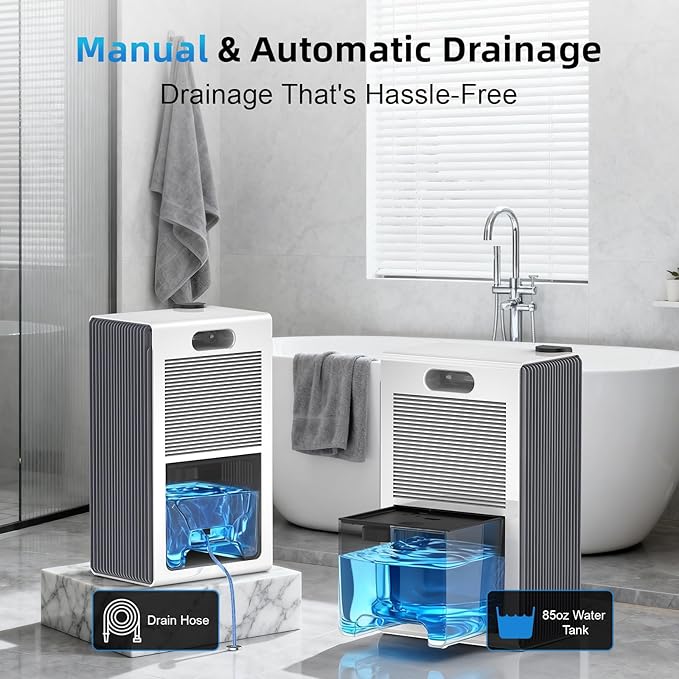 Dehumidifier for Home (85 OZ, 1000 sq ft) Small Dehumidifiers for Basement, Auto Shut-Off, Sleep Mode, 7 Color Light, Quiet Dehumidifier for Bedroom, Bathroom, Living Room with Drain Hose(White Grey)