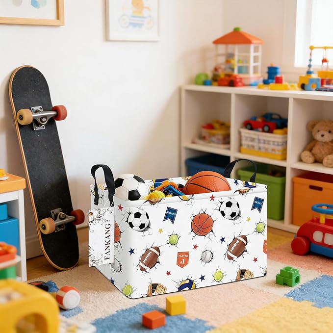 FANKANG Storage Bins,Nursery Hamper Canvas Laundry Basket Foldable with Waterproof PE Coating Storage Baskets for Boys and Girls, Office, Bedroom, Clothes,Toys(Rec-3D Sports Balls ）
