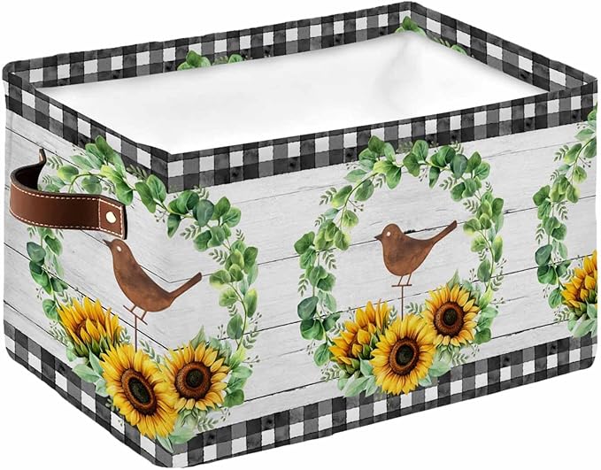 Spring Eucalyptus Sunflower Storage Bins Cubes Waterproof Cloth Storage Basket,Farmhouse Birds Gray Wood Foldable Storage Bags for Shelf Clothes Storages Organizers with Handles 15x11x9.5 in 1PCS