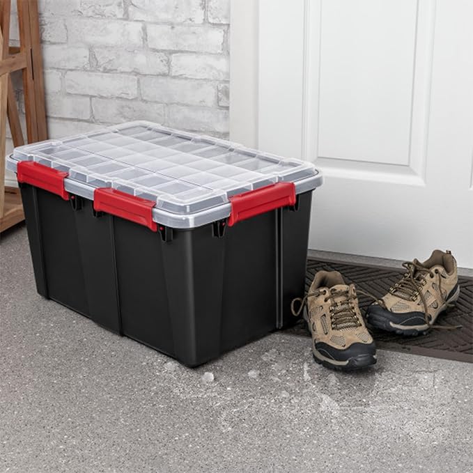 Sterilite 8 Pack Gasket Box, Stackable Plastic 13.5 Gallon Storage Container with Lids, Black - Waterproof and Dustproof Tote for Home Organization