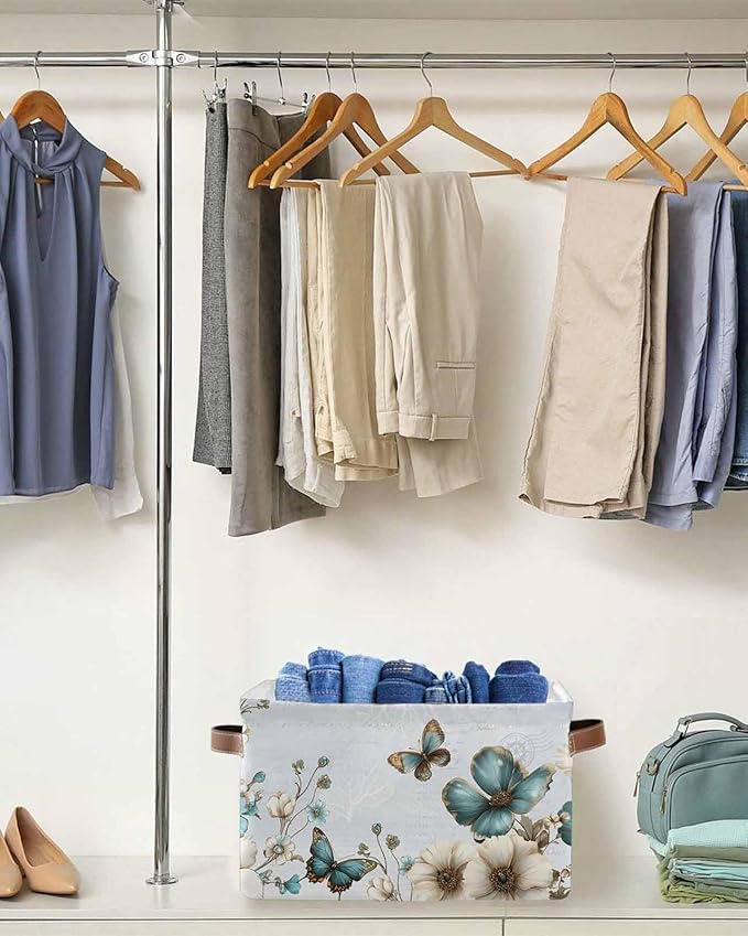 Teal Tulip Butterfly Storage Bins Cubes Waterproof Cloth Storage Basket,Beige Turquoise Floral Blue Coastal Foldable Storage Bags for Shelf Clothes Storages Organizers with Handles 15x11x9.5 in 2PCS