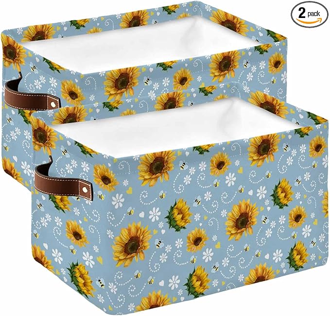 Blue Yellow Sunflower Storage Bins Cubes Waterproof Cloth Storage Basket,Summer Botanical Farmhouse Floral Foldable Storage Bags for Shelf Clothes Storages Organizers with Handles 15x11x9.5 in 2PCS
