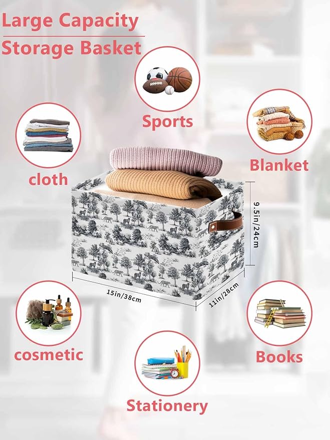 Tiger Leopard Storage Bins Cubes Waterproof Cloth Storage Basket, Farmhouse Retro Nature Forest Trees Animals Foldable Storage Bags for Shelf Closet Clothes Organizers with Handles 15x11x9.5 in 2PCS
