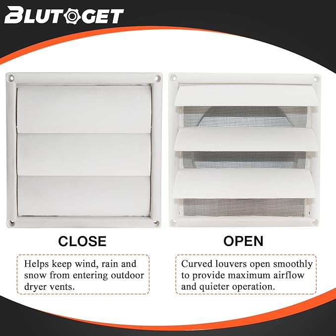 Blutoget 6" Louvered exhaust Vent Cover 8" x 8" Oversize dryer outlet cover for Exterior Wall Vent Hood Outlet Airflow - 6 Inch Vent Cover Exterior with 4 Vent Screen Screw (White)
