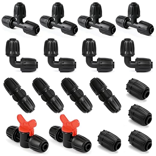 18 Pack 1/2 Inch Drip Irrigation Fittings Kit (1/2" ID x 0.6-0.65" OD), 1/2'' Dripline Barbed Connectors with Anti-Drop Lock Nuts - 4 Tees, 4 Couplings, 4 Ends, 4 Elbows, 2 Valves
