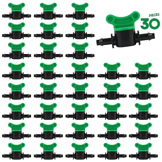 Kalolary 1/4" Drip Irrigation Valves, 30PCS Drip Line Barbed Valves Fittings Garden Shut Off Switch Valve for 4/7mm Tube Water Flow Control Drip Line Parts Cut Off Valve for Watering System (Green)