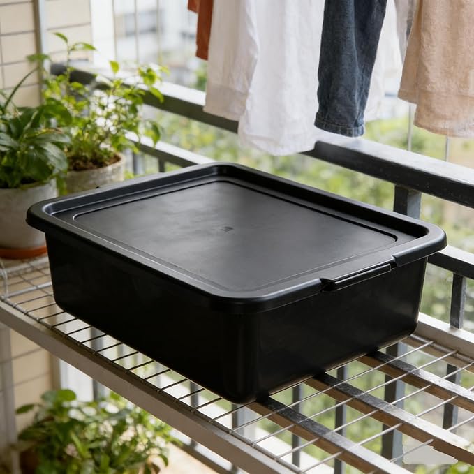 3-Pack 13 L Plastic Commercial Bus Tub with Lid, Restaurant Dish Tub, 4.7" Deep, Black