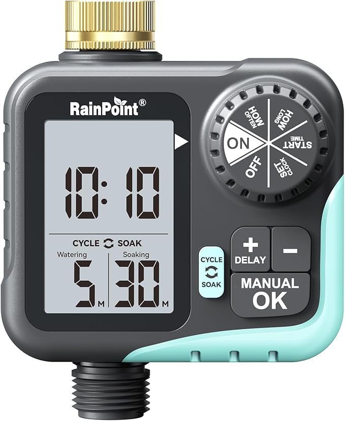 RAINPOINT Sprinkler Timer for Garden Hose - Hose Timer with Cycle & Soak/Rain Delay/Automatic Watering/Manual Watering, Programmable Irrigation System with Large Display for Lawn, Yard, Brass Inlet