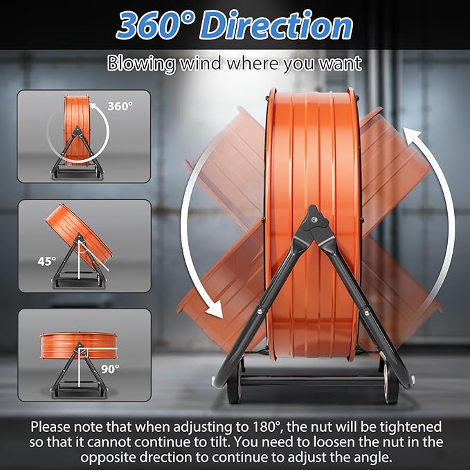 LifePlus 30" Industrial Drum Fan, 14000 CFM High Velocity 3-Speed Heavy Duty Metal Air Circulator with 360° Tilt, Casters Handle for Warehouse Factory workshops Patios Garage, Orange