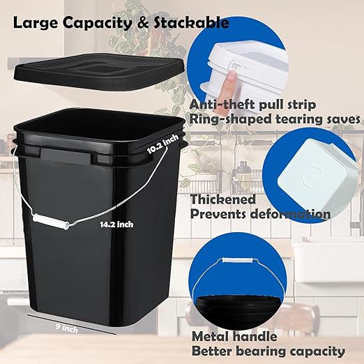 5 Gallon Bucket with Lid, Square Food Grade Plastic Pail with Metal Handles, Heavy Duty Industrial Storage Containers with Stickers, Rubber Mallet, Lid Opener (6 Pack, Black)