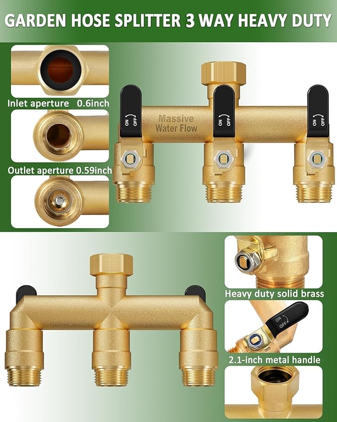3 Way Hose Splitter, Heavy Duty Full Flow Garden Water Hose Bib Spigot Splitter, Brass Rust and Freeze Resistant Outdoor Faucet Splitter, T Adapter Connector with 3/4 - Inch GHT Thread （Black）