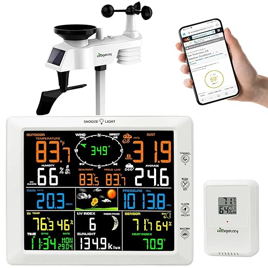 Urageuxy WiFi Weather Station with 8.07 inch Color Display – Wireless Outdoor Sensor Measures Rain Gauge, Wind Speed/Direction, Temperature, Humidity, UV, Forecasts, Barometer